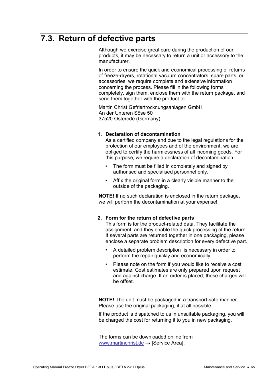 Return of defective parts | Martin Christ Beta 2-8 LDplus User Manual | Page 65 / 89