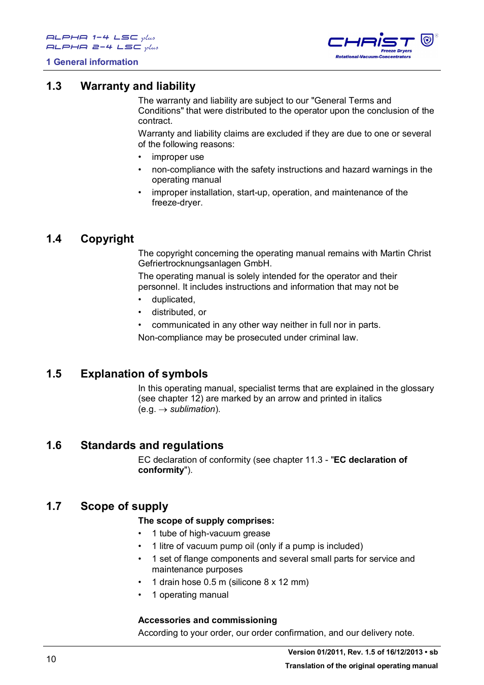 3 warranty and liability, 4 copyright, 5 explanation of symbols | 6 standards and regulations, 7 scope of supply | Martin Christ Alpha 2-4 LSCplus User Manual | Page 10 / 121