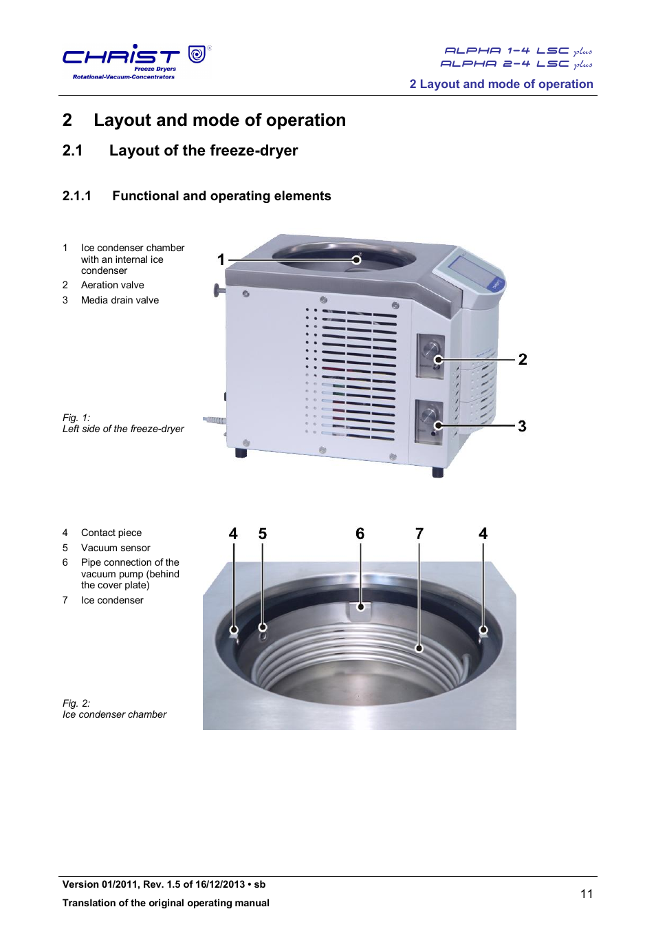 2 layout and mode of operation, 1 layout of the freeze-dryer, 1 functional and operating elements | Martin Christ Alpha 2-4 LSCplus User Manual | Page 11 / 121