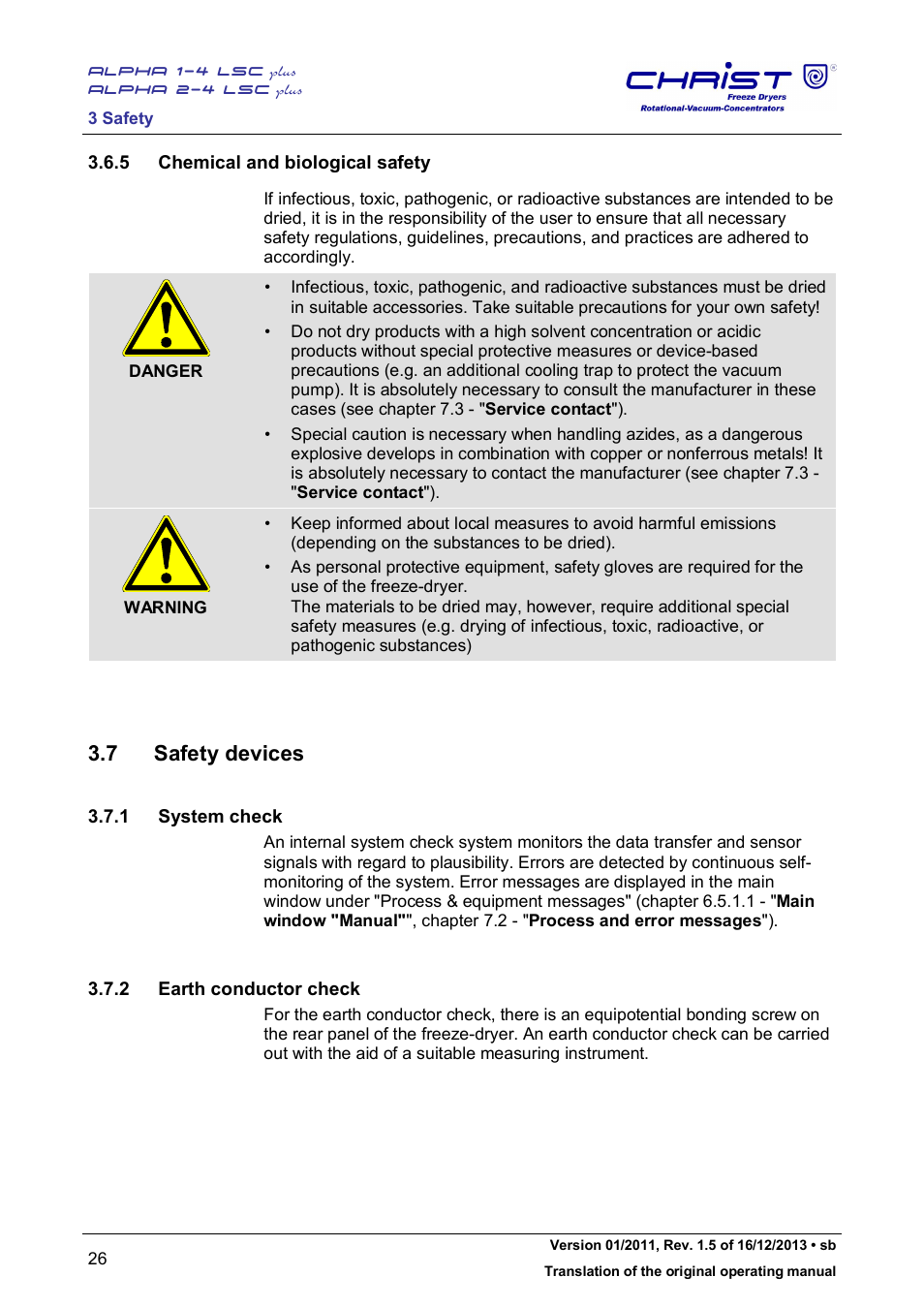 7 safety devices, 5 chemical and biological safety, 1 system check | 2 earth conductor check | Martin Christ Alpha 2-4 LSCplus User Manual | Page 26 / 121