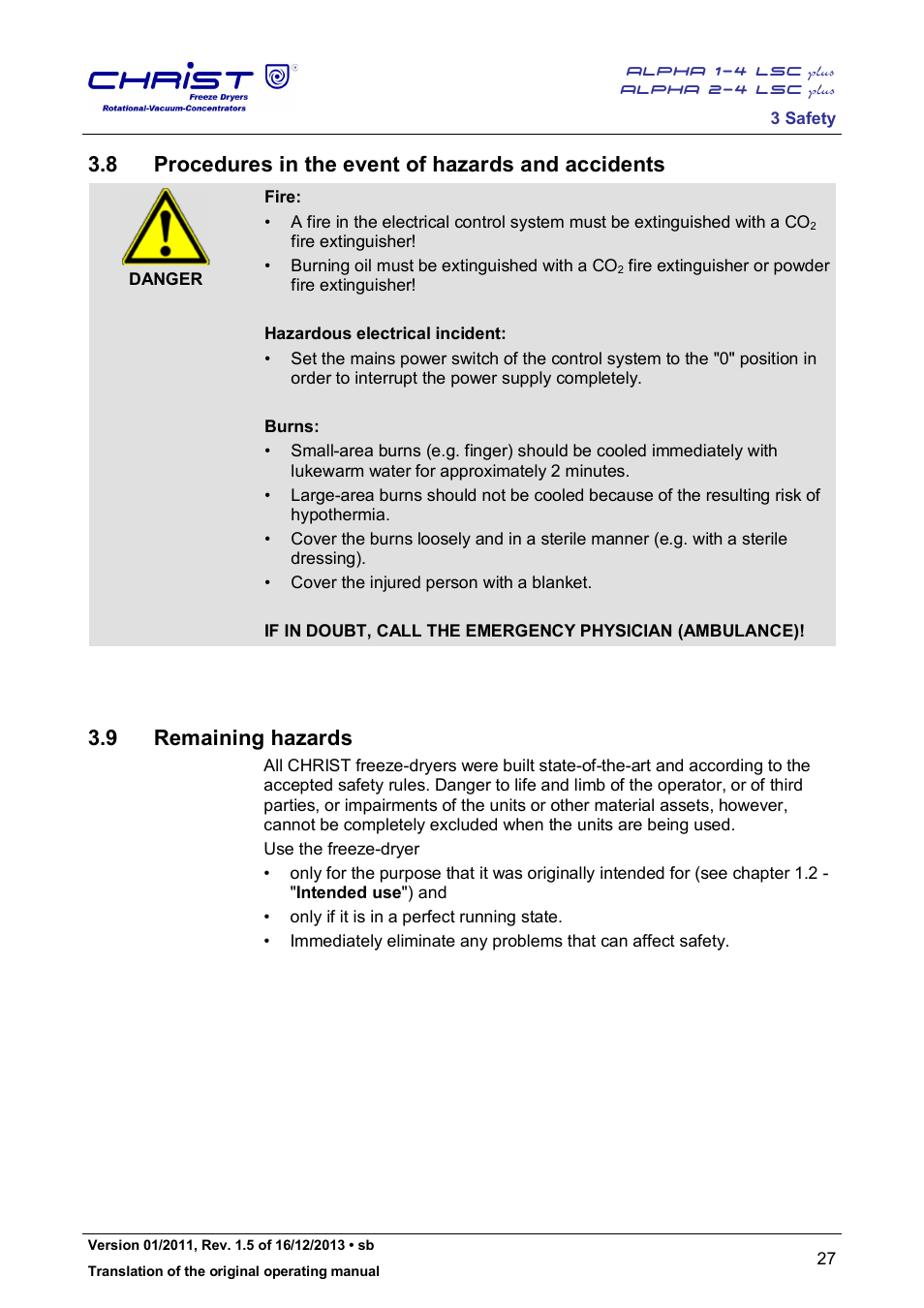 8 procedures in the event of hazards and accidents, 9 remaining hazards | Martin Christ Alpha 2-4 LSCplus User Manual | Page 27 / 121