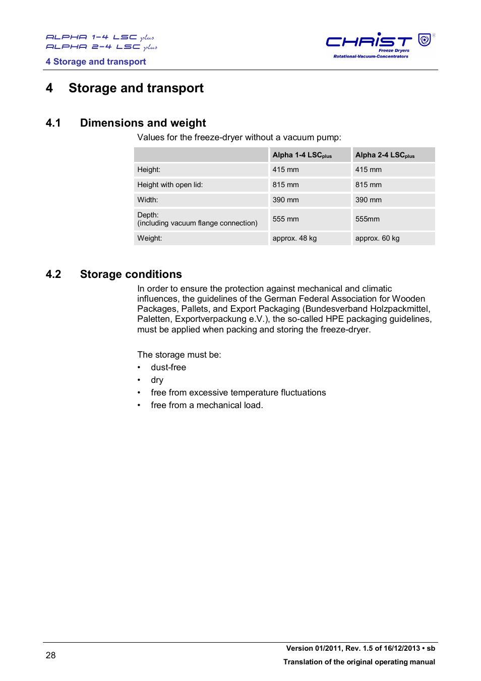 4 storage and transport, 1 dimensions and weight, 2 storage conditions | Martin Christ Alpha 2-4 LSCplus User Manual | Page 28 / 121