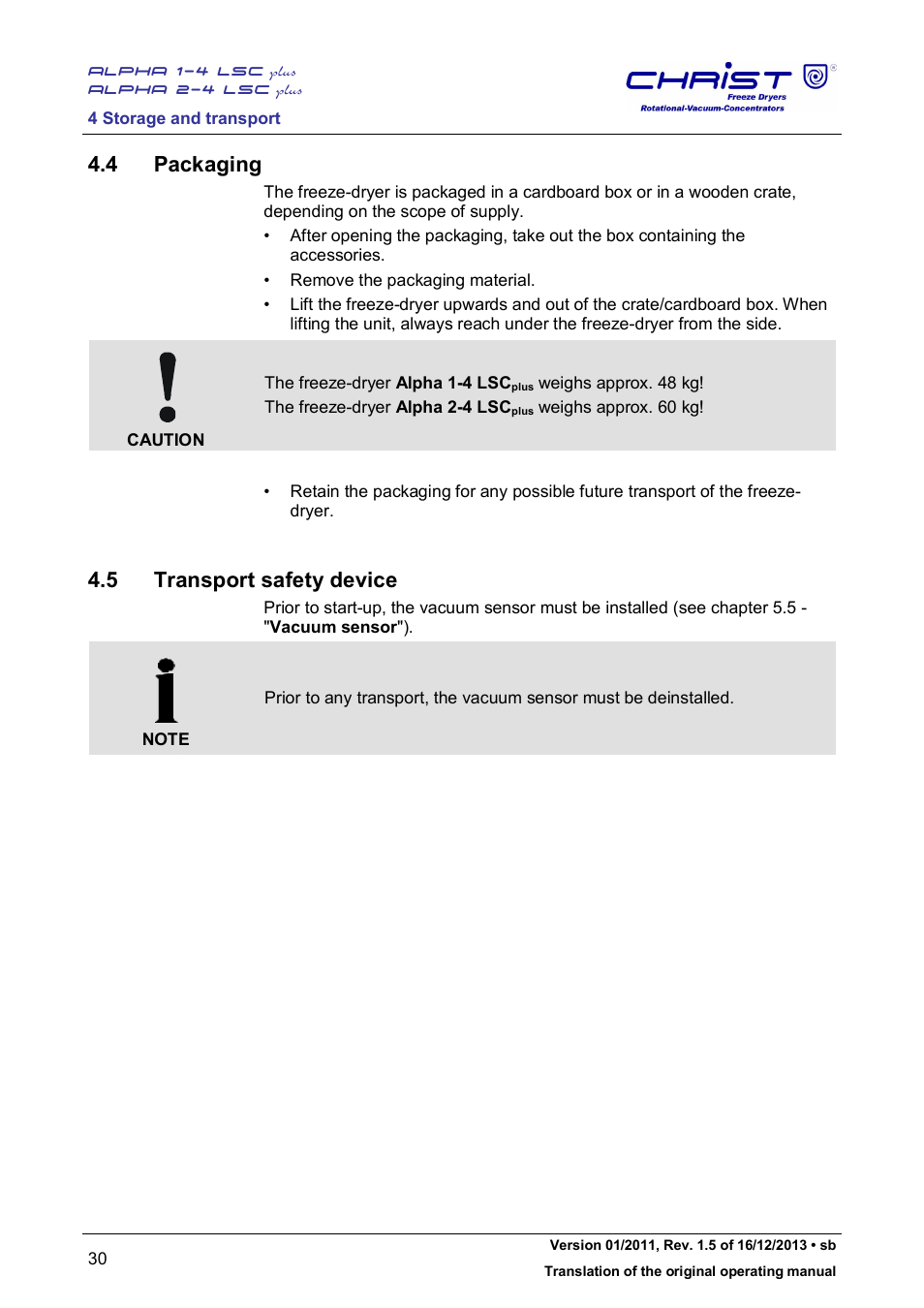 4 packaging, 5 transport safety device | Martin Christ Alpha 2-4 LSCplus User Manual | Page 30 / 121
