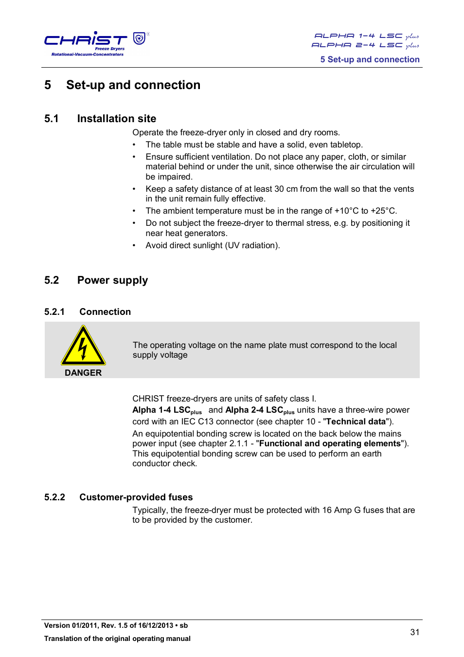 5 set-up and connection, 1 installation site, 2 power supply | 1 connection, 2 customer-provided fuses | Martin Christ Alpha 2-4 LSCplus User Manual | Page 31 / 121