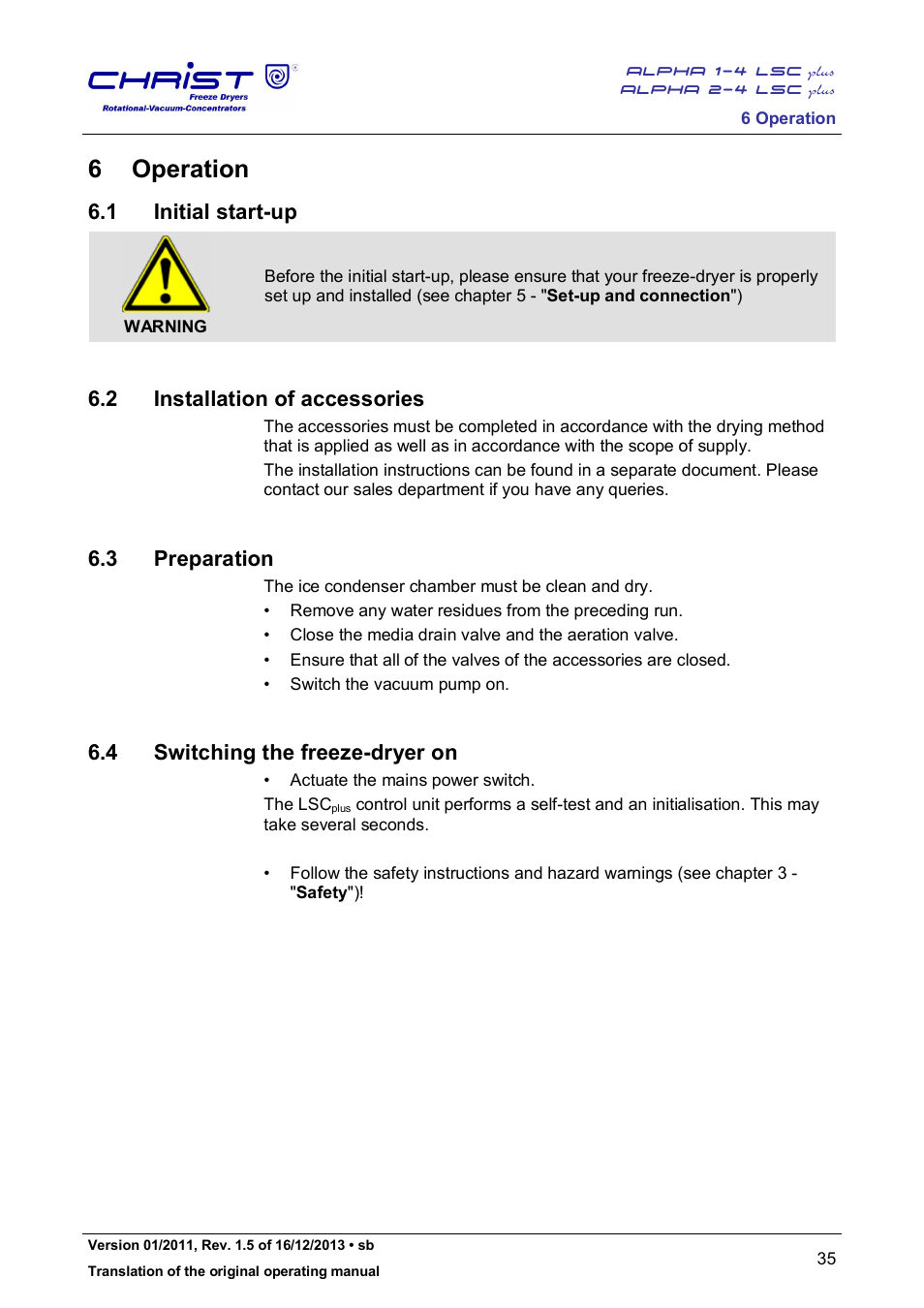 6 operation, 1 initial start-up, 2 installation of accessories | 3 preparation, 4 switching the freeze-dryer on | Martin Christ Alpha 2-4 LSCplus User Manual | Page 35 / 121
