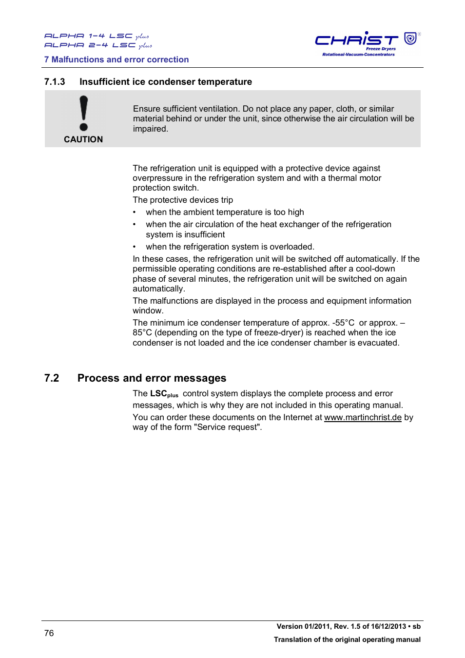 2 process and error messages, 3 insufficient ice condenser temperature | Martin Christ Alpha 2-4 LSCplus User Manual | Page 76 / 121