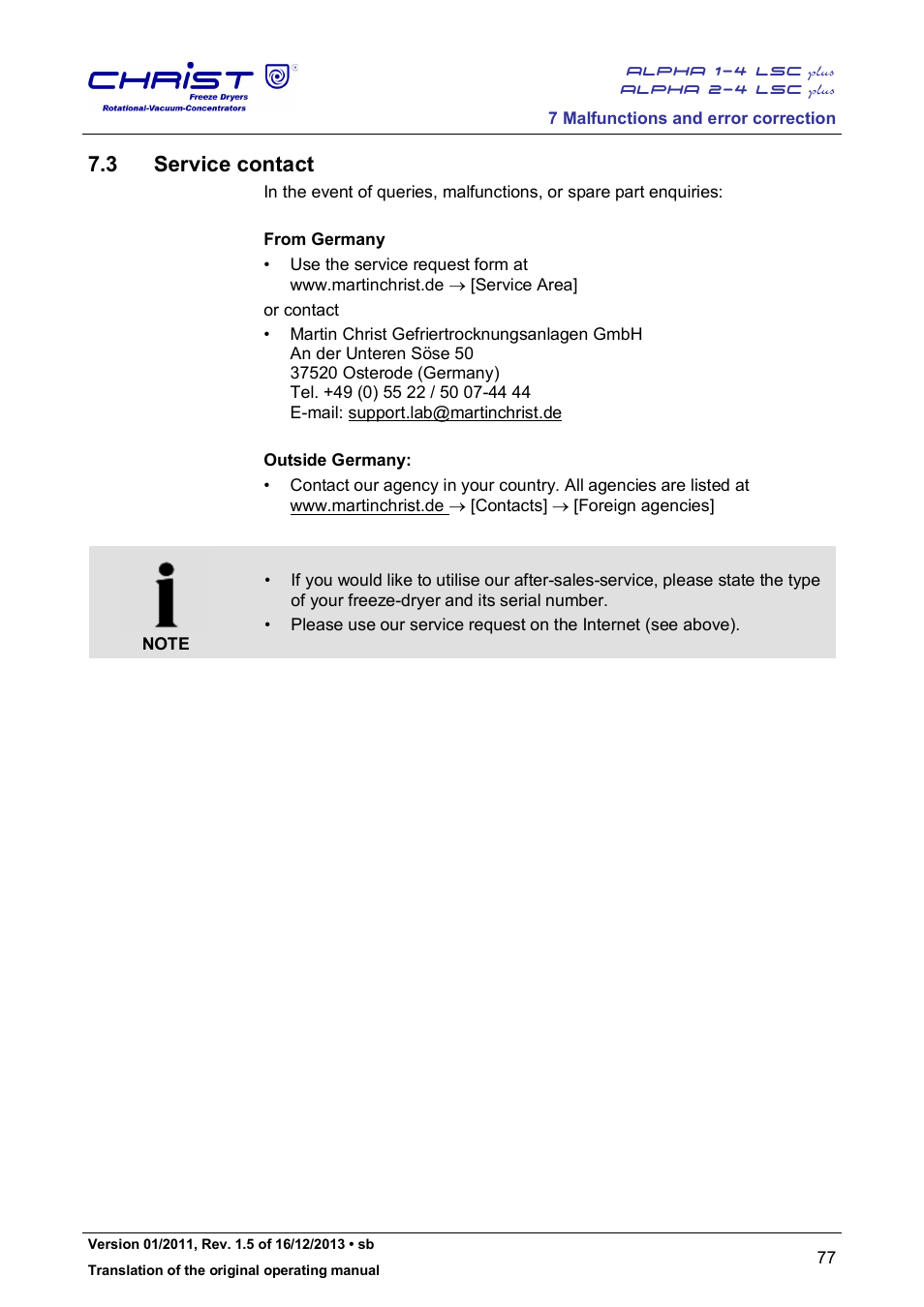 3 service contact | Martin Christ Alpha 2-4 LSCplus User Manual | Page 77 / 121