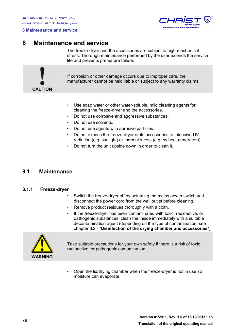 8 maintenance and service, 1 maintenance, 1 freeze-dryer | Martin Christ Alpha 2-4 LSCplus User Manual | Page 78 / 121