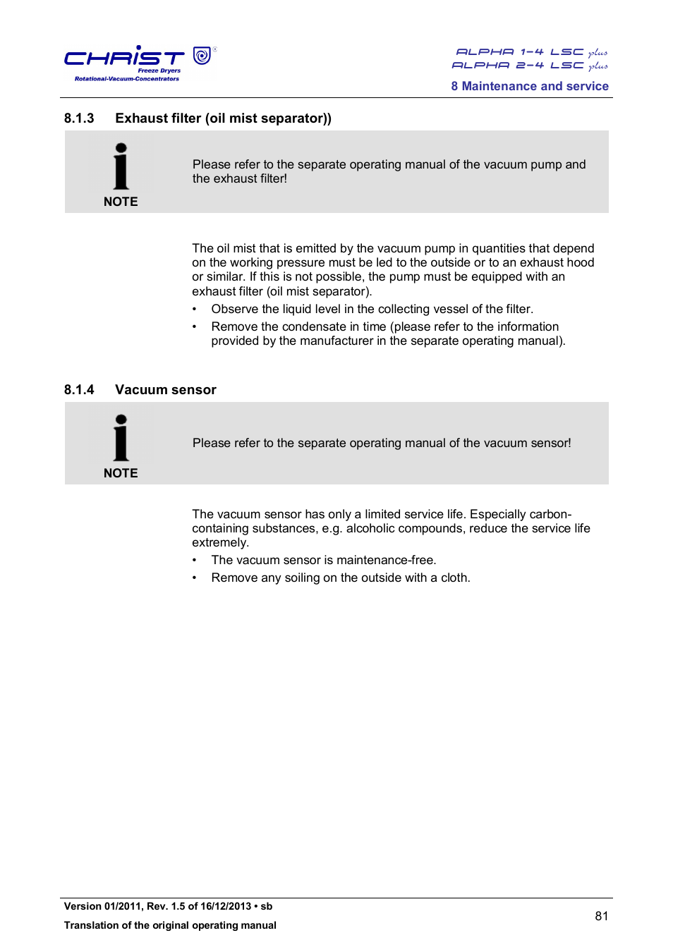 3 exhaust filter (oil mist separator)), 4 vacuum sensor | Martin Christ Alpha 2-4 LSCplus User Manual | Page 81 / 121