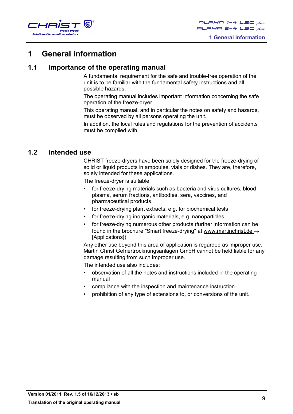 1 general information, 1 importance of the operating manual, 2 intended use | Martin Christ Alpha 2-4 LSCplus User Manual | Page 9 / 121