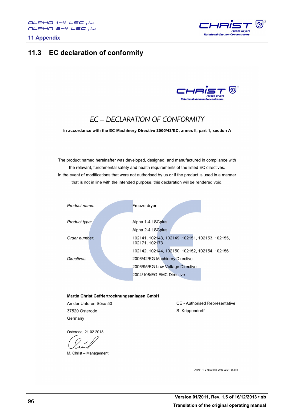 3 ec declaration of conformity | Martin Christ Alpha 2-4 LSCplus User Manual | Page 96 / 121