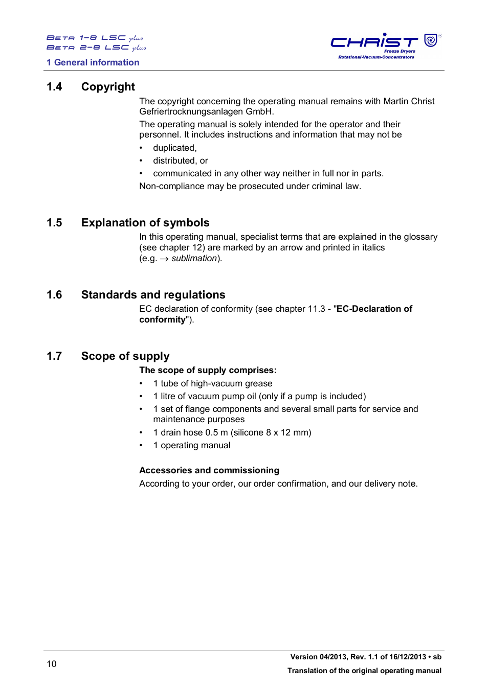 4 copyright, 5 explanation of symbols, 6 standards and regulations | 7 scope of supply | Martin Christ Beta 2-8 LSCplus User Manual | Page 10 / 121