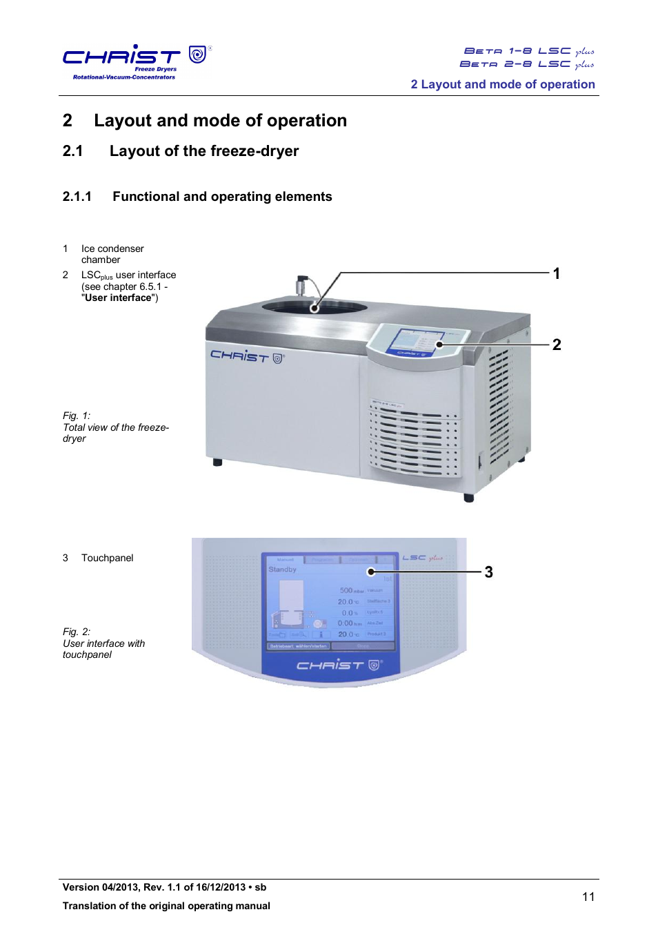 2 layout and mode of operation, 1 layout of the freeze-dryer, 1 functional and operating elements | Martin Christ Beta 2-8 LSCplus User Manual | Page 11 / 121