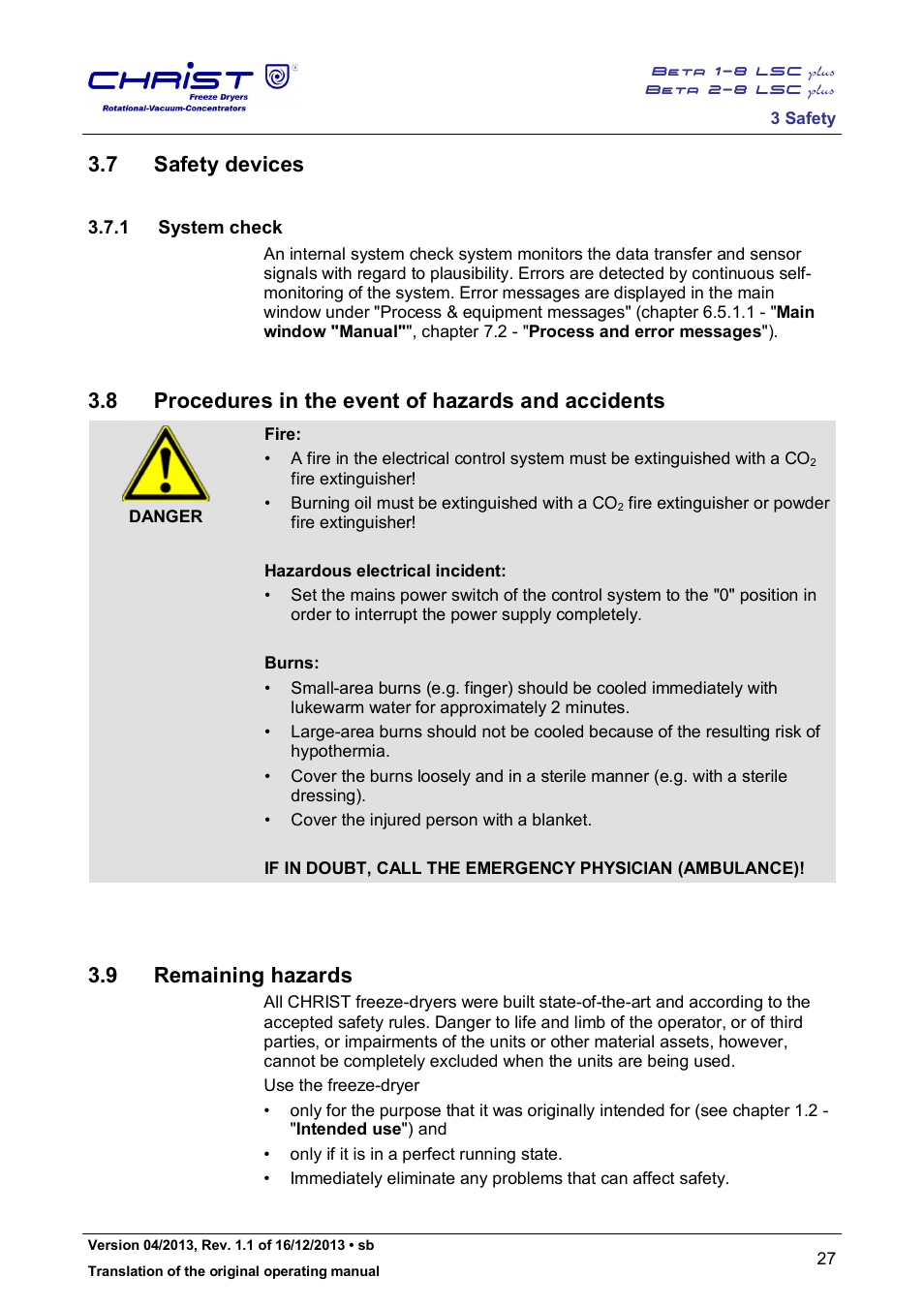 7 safety devices, 8 procedures in the event of hazards and accidents, 9 remaining hazards | 1 system check | Martin Christ Beta 2-8 LSCplus User Manual | Page 27 / 121