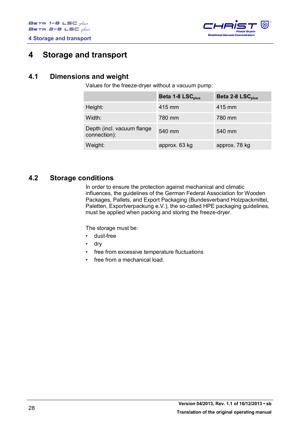4 storage and transport, 1 dimensions and weight, 2 storage conditions | Martin Christ Beta 2-8 LSCplus User Manual | Page 28 / 121