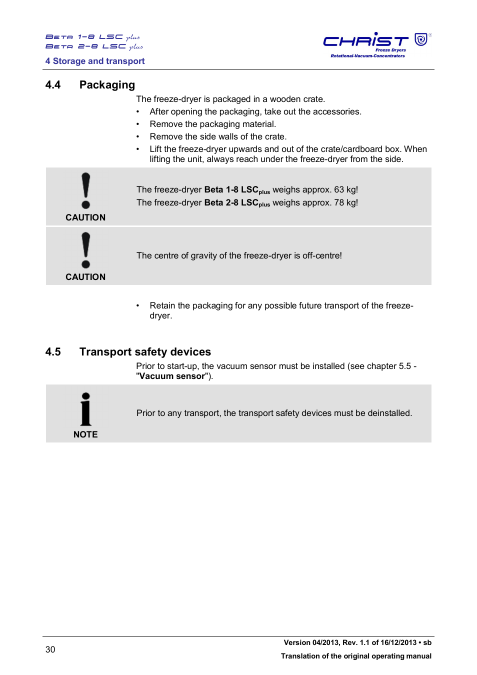 4 packaging, 5 transport safety devices | Martin Christ Beta 2-8 LSCplus User Manual | Page 30 / 121