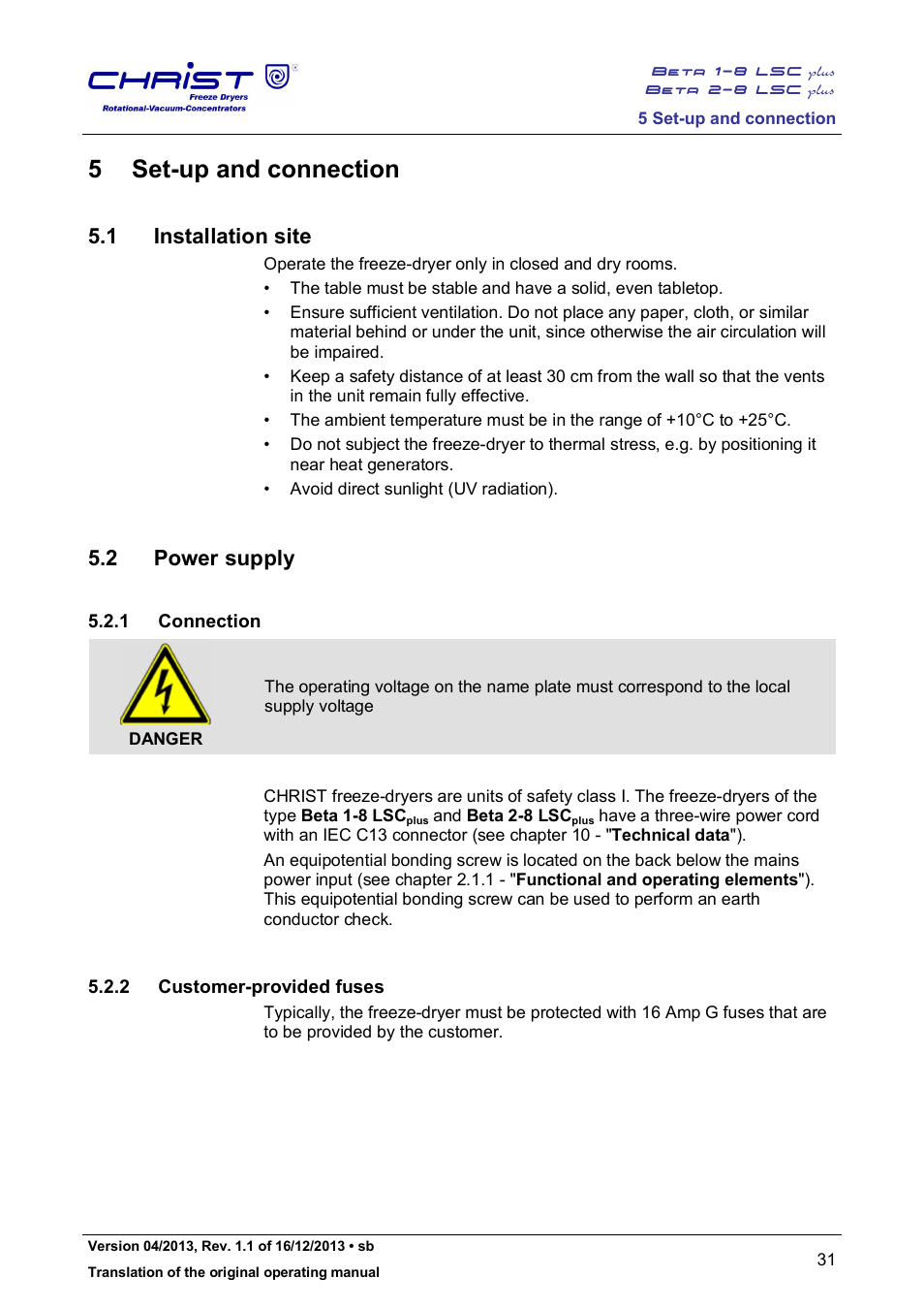 5 set-up and connection, 1 installation site, 2 power supply | 1 connection, 2 customer-provided fuses | Martin Christ Beta 2-8 LSCplus User Manual | Page 31 / 121