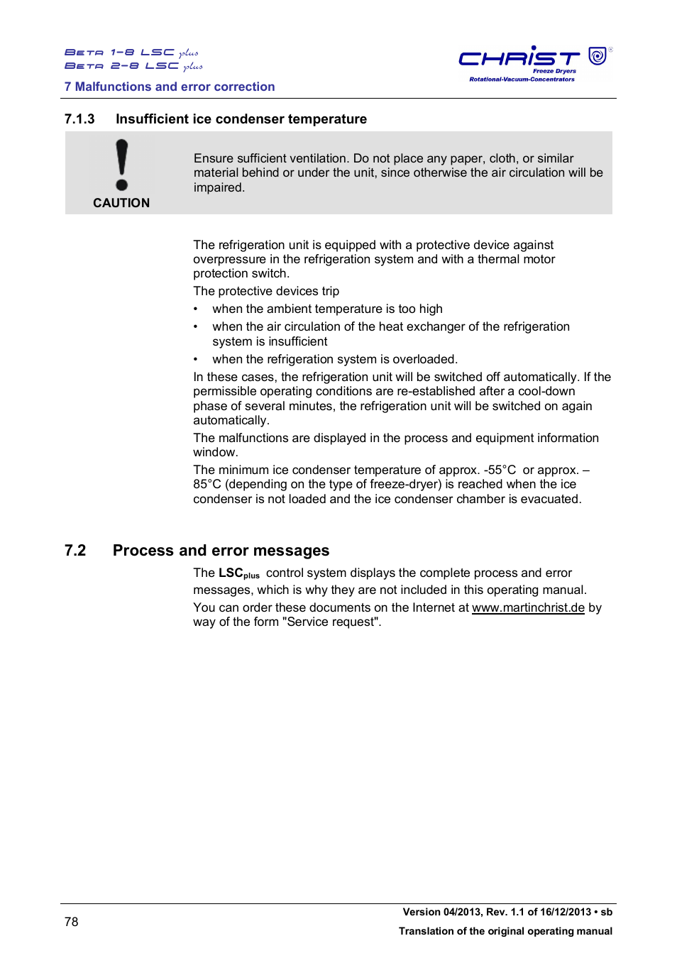 2 process and error messages, 3 insufficient ice condenser temperature | Martin Christ Beta 2-8 LSCplus User Manual | Page 78 / 121