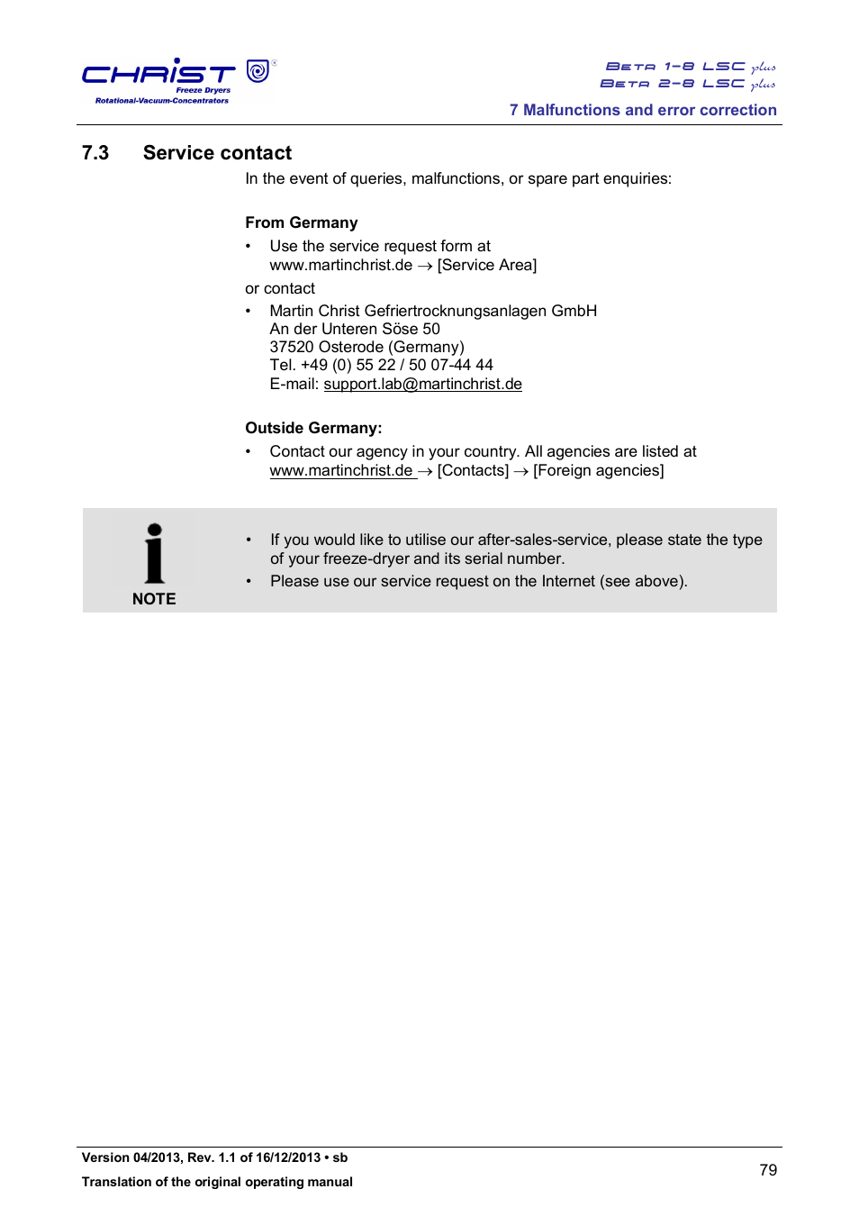 3 service contact | Martin Christ Beta 2-8 LSCplus User Manual | Page 79 / 121