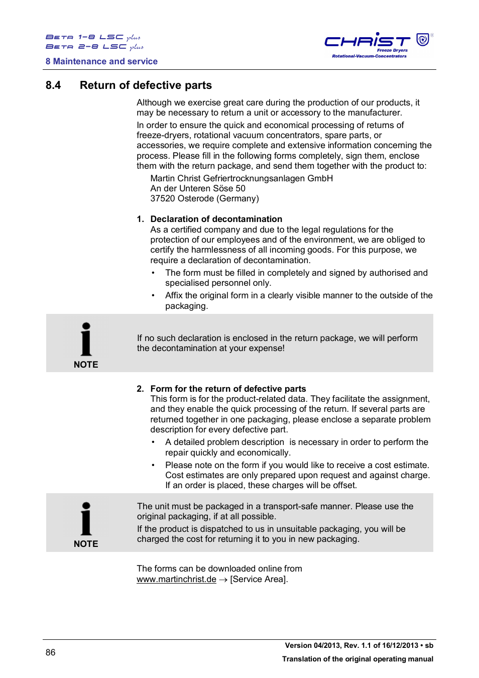 4 return of defective parts | Martin Christ Beta 2-8 LSCplus User Manual | Page 86 / 121