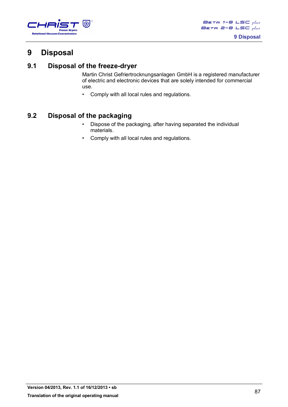 9 disposal, 1 disposal of the freeze-dryer, 2 disposal of the packaging | Martin Christ Beta 2-8 LSCplus User Manual | Page 87 / 121
