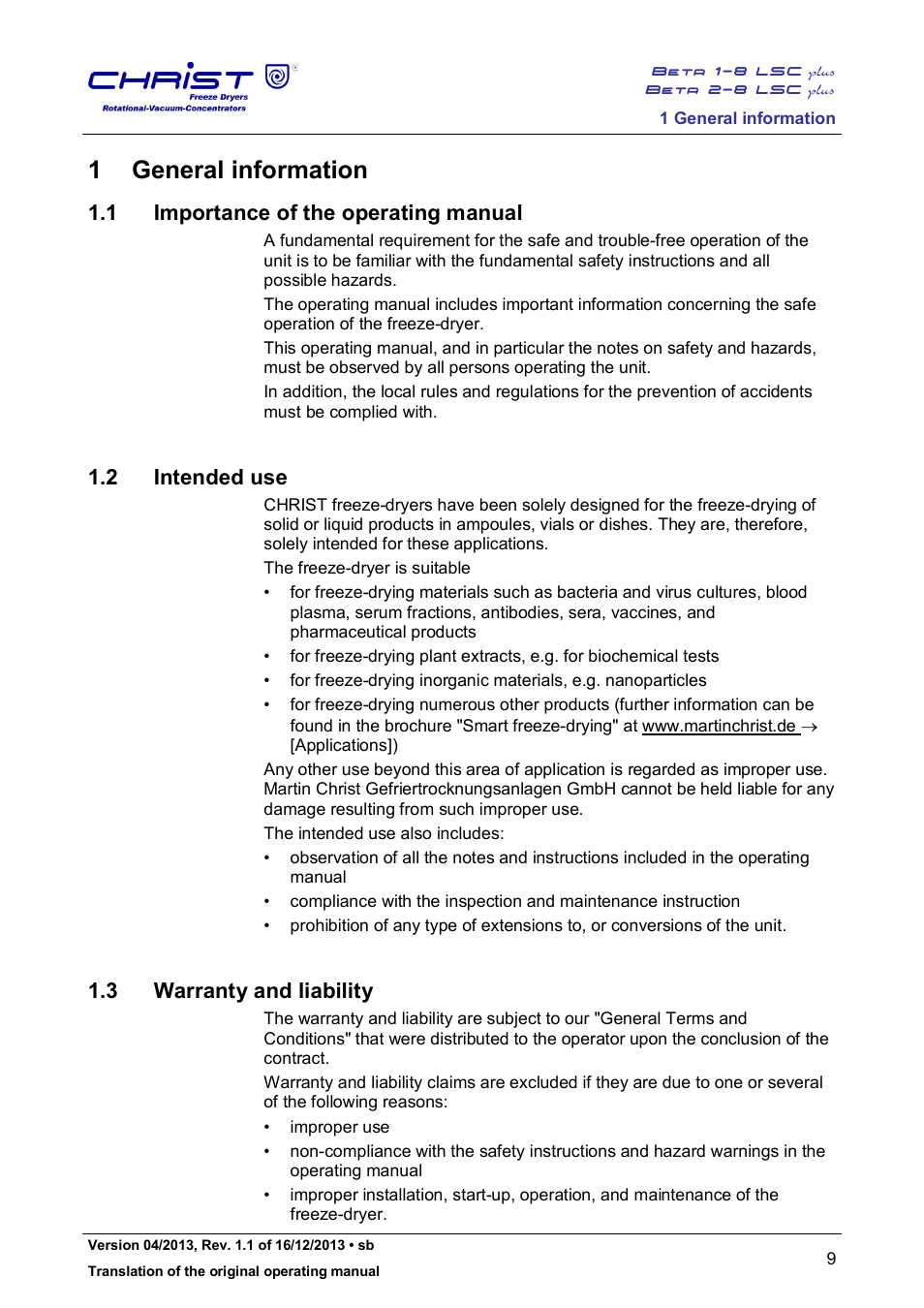 1 general information, 1 importance of the operating manual, 2 intended use | 3 warranty and liability | Martin Christ Beta 2-8 LSCplus User Manual | Page 9 / 121