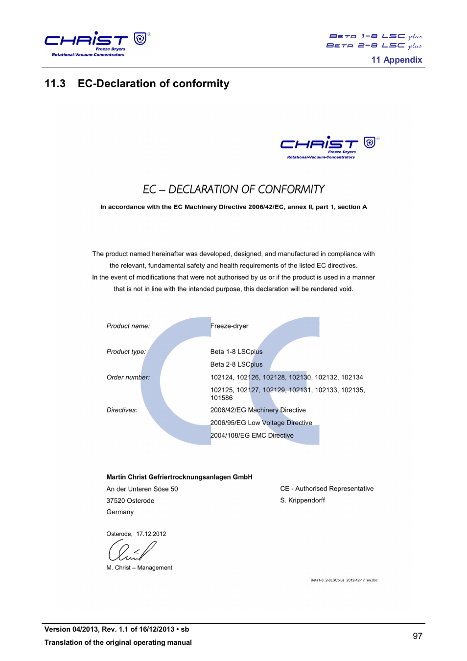3 ec-declaration of conformity | Martin Christ Beta 2-8 LSCplus User Manual | Page 97 / 121