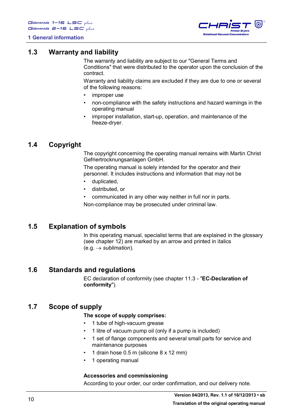3 warranty and liability, 4 copyright, 5 explanation of symbols | 6 standards and regulations, 7 scope of supply | Martin Christ Gamma 2-16 LSCplus User Manual | Page 10 / 121