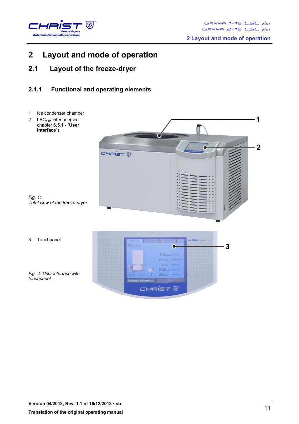 2 layout and mode of operation, 1 layout of the freeze-dryer, 1 functional and operating elements | Martin Christ Gamma 2-16 LSCplus User Manual | Page 11 / 121