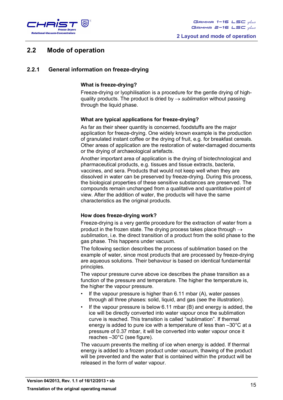 2 mode of operation, 1 general information on freeze-drying | Martin Christ Gamma 2-16 LSCplus User Manual | Page 15 / 121