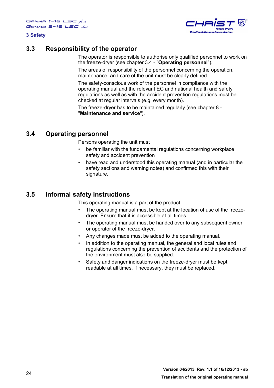 3 responsibility of the operator, 4 operating personnel, 5 informal safety instructions | Martin Christ Gamma 2-16 LSCplus User Manual | Page 24 / 121