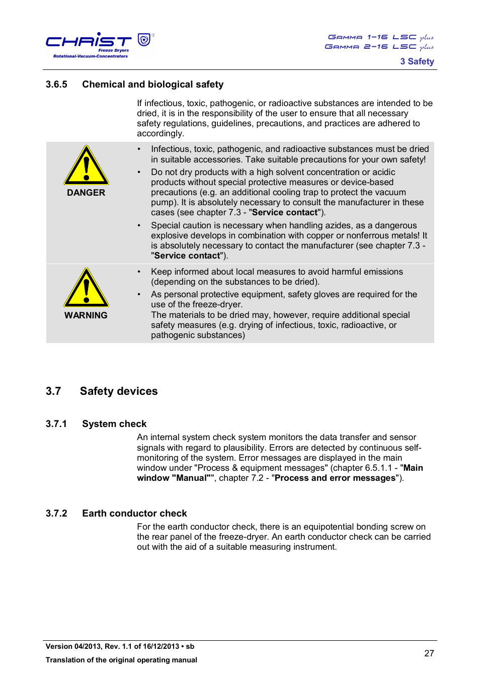 7 safety devices, 5 chemical and biological safety, 1 system check | 2 earth conductor check | Martin Christ Gamma 2-16 LSCplus User Manual | Page 27 / 121