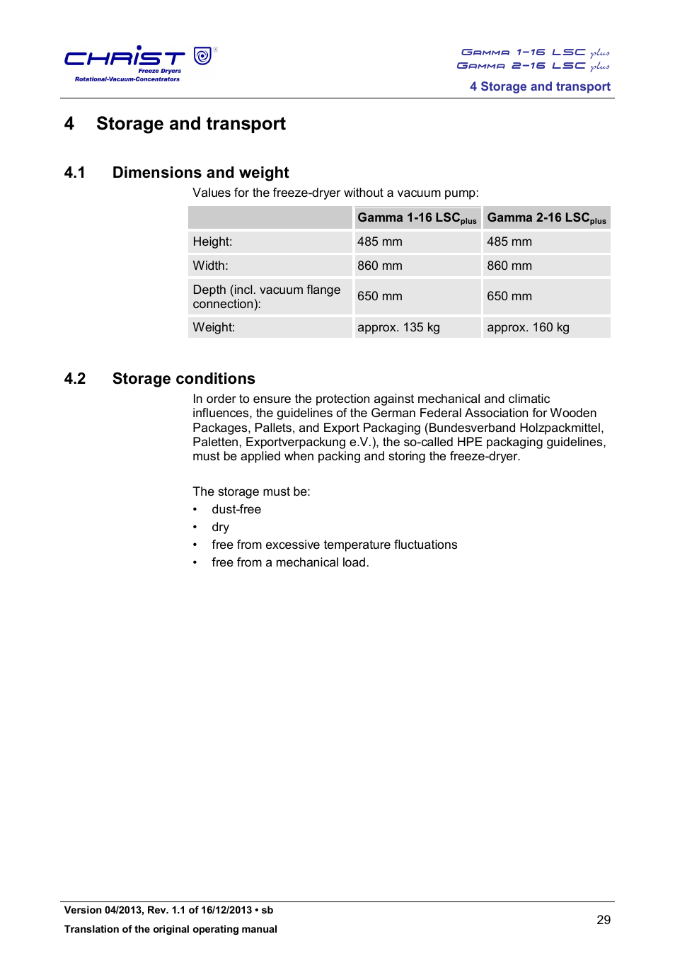 4 storage and transport, 1 dimensions and weight, 2 storage conditions | Martin Christ Gamma 2-16 LSCplus User Manual | Page 29 / 121