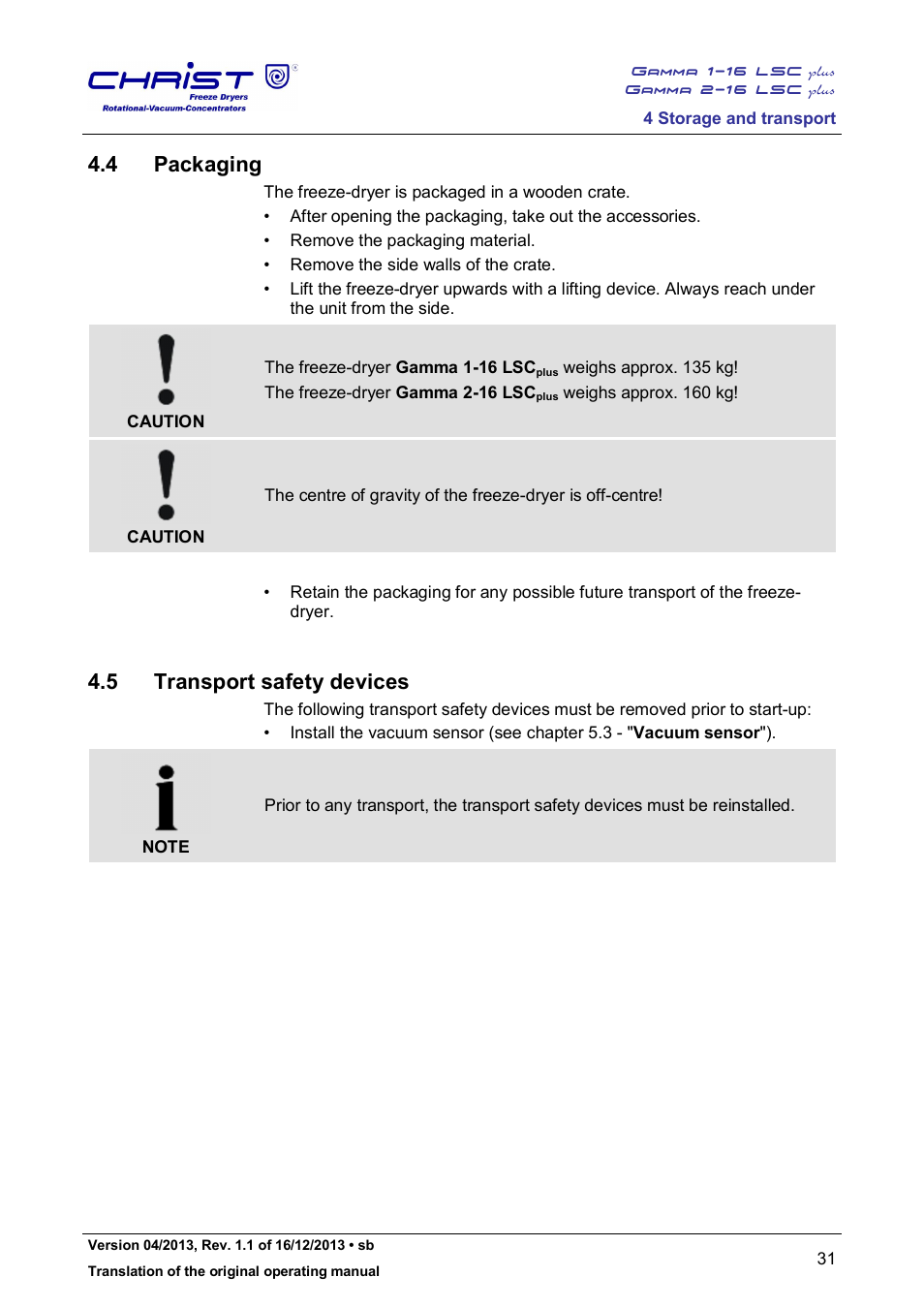 4 packaging, 5 transport safety devices | Martin Christ Gamma 2-16 LSCplus User Manual | Page 31 / 121