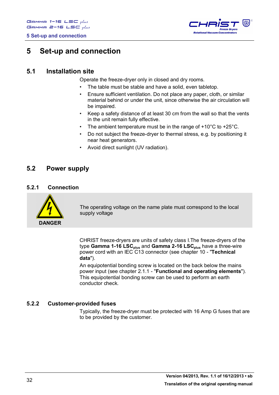 5 set-up and connection, 1 installation site, 2 power supply | 1 connection, 2 customer-provided fuses | Martin Christ Gamma 2-16 LSCplus User Manual | Page 32 / 121