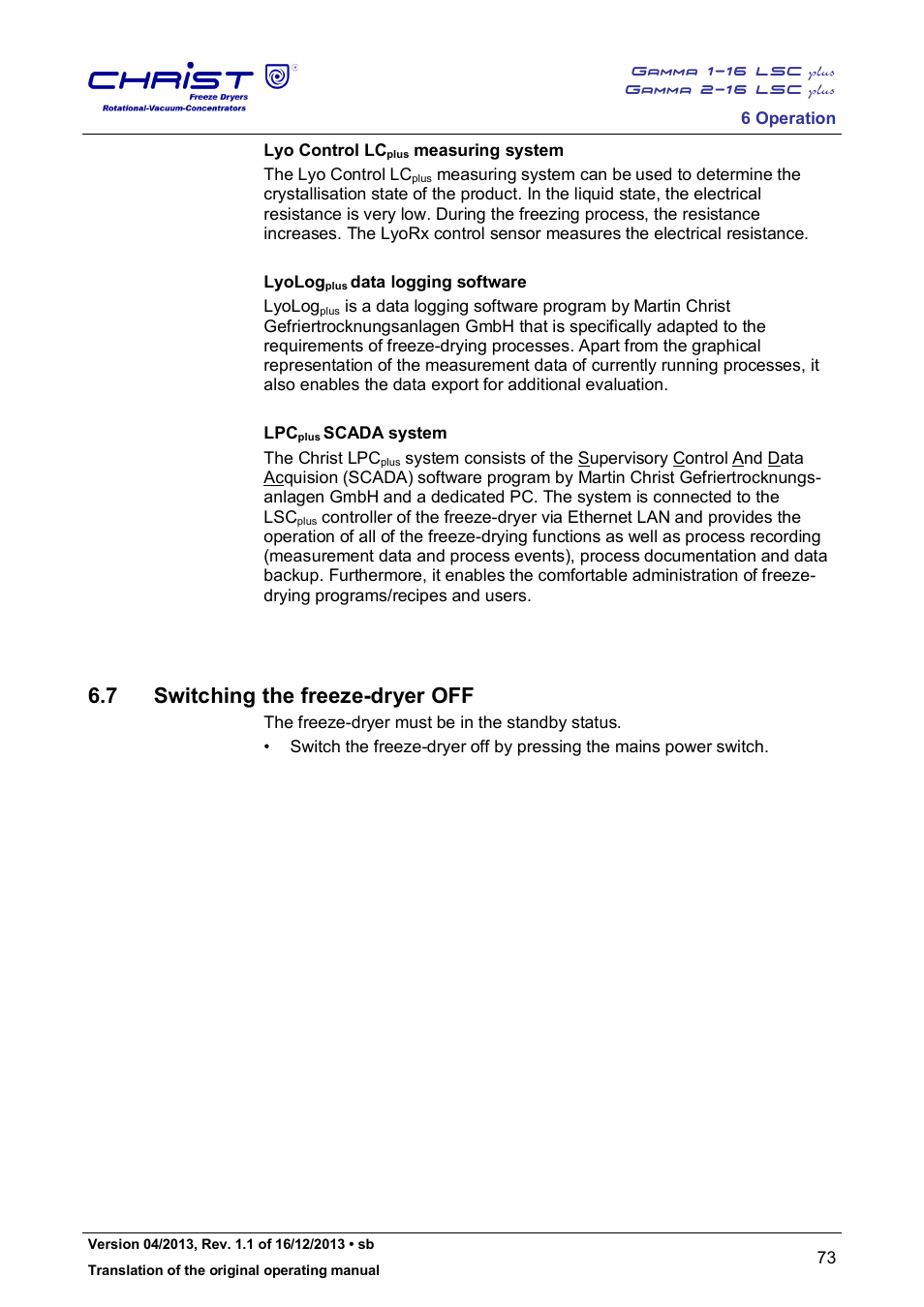 7 switching the freeze-dryer off | Martin Christ Gamma 2-16 LSCplus User Manual | Page 73 / 121