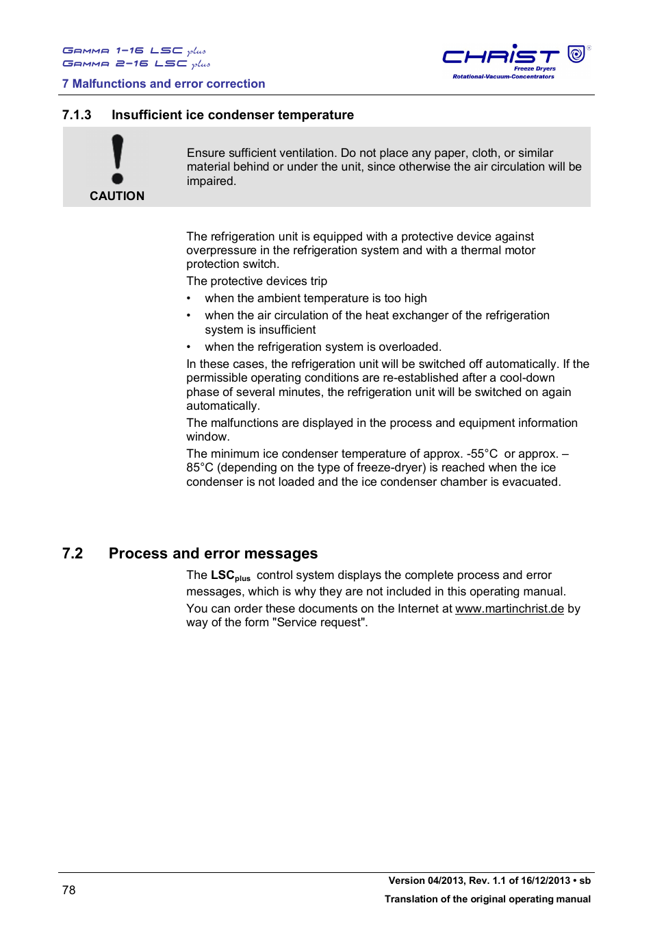 2 process and error messages, 3 insufficient ice condenser temperature | Martin Christ Gamma 2-16 LSCplus User Manual | Page 78 / 121