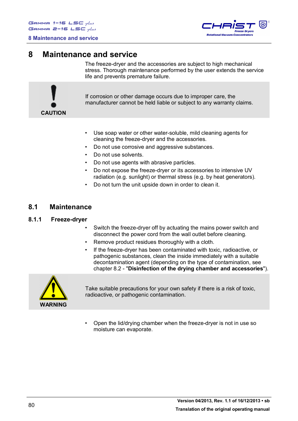 8 maintenance and service, 1 maintenance | Martin Christ Gamma 2-16 LSCplus User Manual | Page 80 / 121