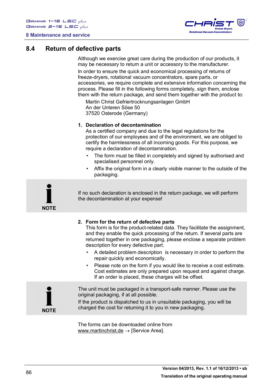 4 return of defective parts | Martin Christ Gamma 2-16 LSCplus User Manual | Page 86 / 121