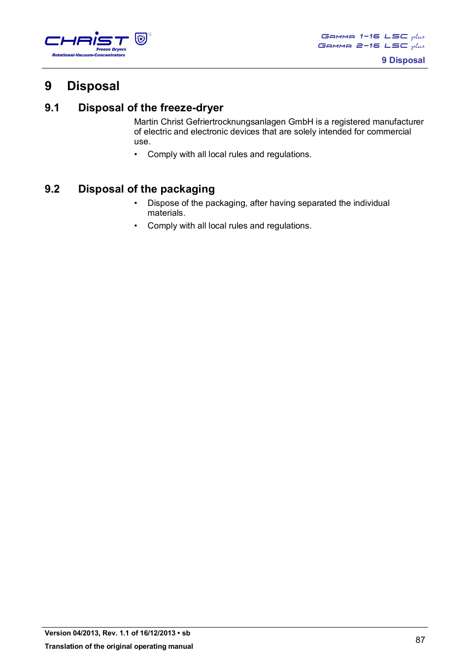 9 disposal, 1 disposal of the freeze-dryer, 2 disposal of the packaging | Martin Christ Gamma 2-16 LSCplus User Manual | Page 87 / 121