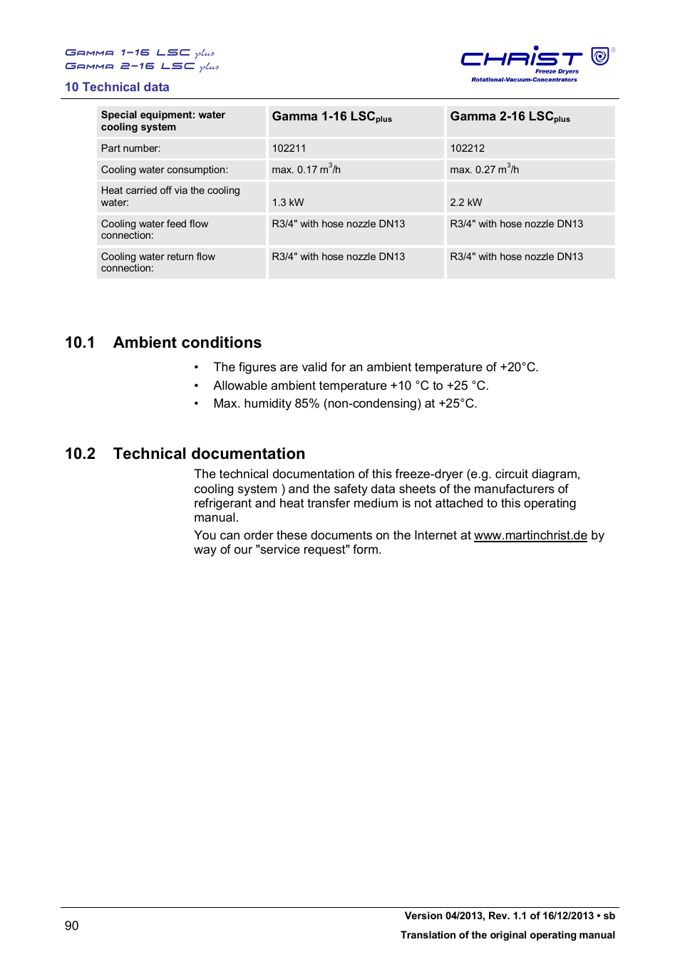 1 ambient conditions, 2 technical documentation | Martin Christ Gamma 2-16 LSCplus User Manual | Page 90 / 121