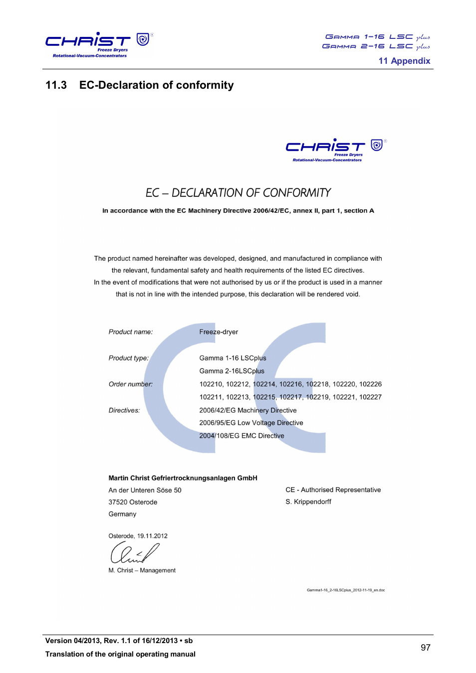 3 ec-declaration of conformity | Martin Christ Gamma 2-16 LSCplus User Manual | Page 97 / 121