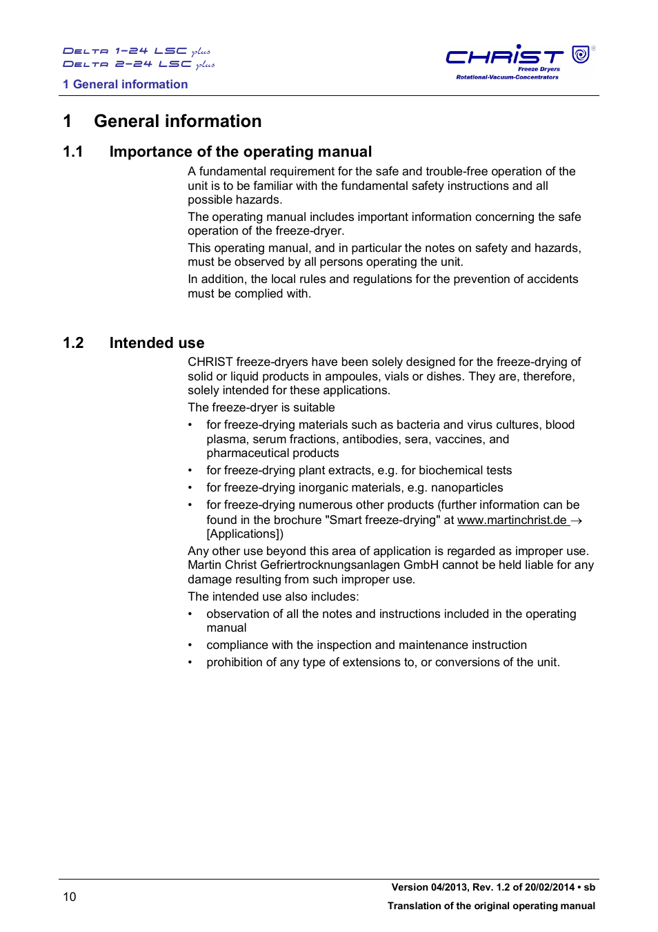 1 general information, 1 importance of the operating manual, 2 intended use | Martin Christ Delta 2-24 LSCplus User Manual | Page 10 / 127
