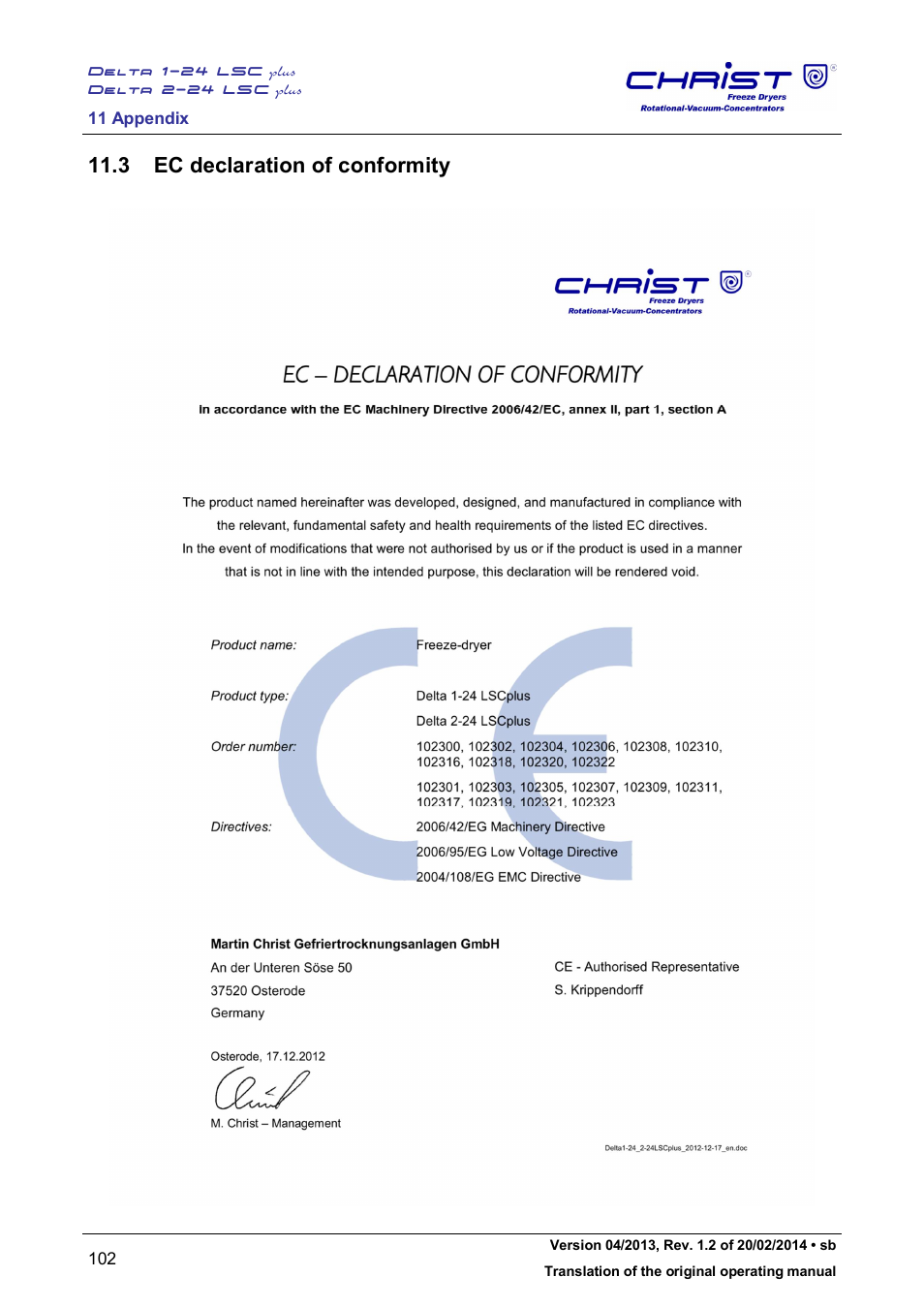 3 ec declaration of conformity | Martin Christ Delta 2-24 LSCplus User Manual | Page 102 / 127