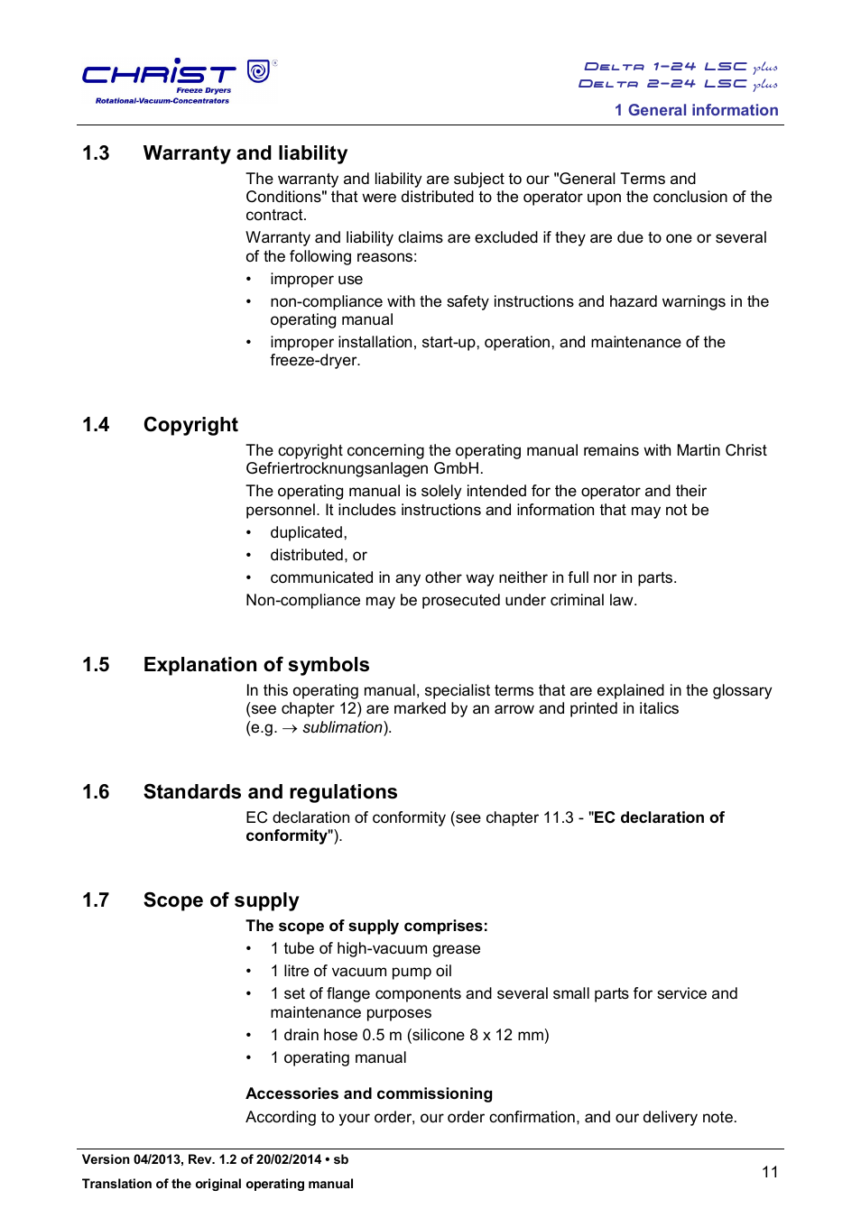 3 warranty and liability, 4 copyright, 5 explanation of symbols | 6 standards and regulations, 7 scope of supply | Martin Christ Delta 2-24 LSCplus User Manual | Page 11 / 127