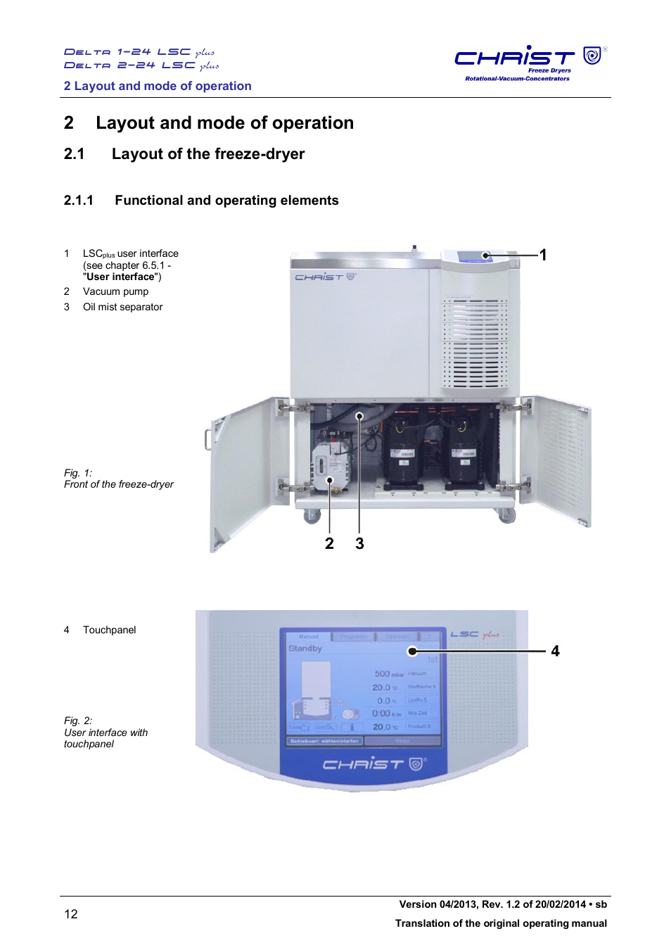 2 layout and mode of operation, 1 layout of the freeze-dryer, 1 functional and operating elements | Martin Christ Delta 2-24 LSCplus User Manual | Page 12 / 127
