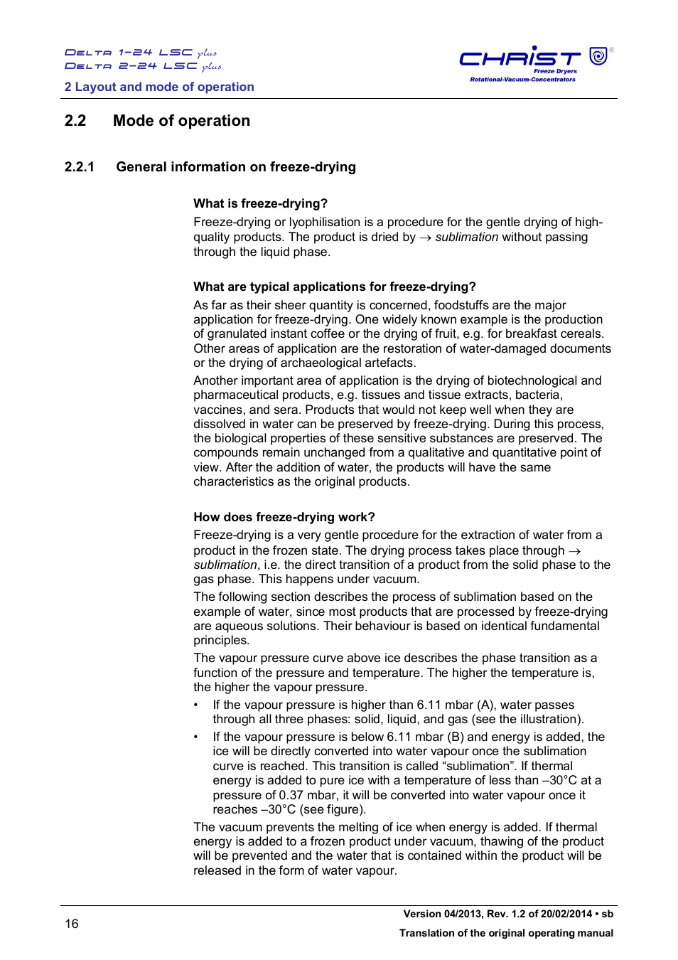 2 mode of operation, 1 general information on freeze-drying | Martin Christ Delta 2-24 LSCplus User Manual | Page 16 / 127