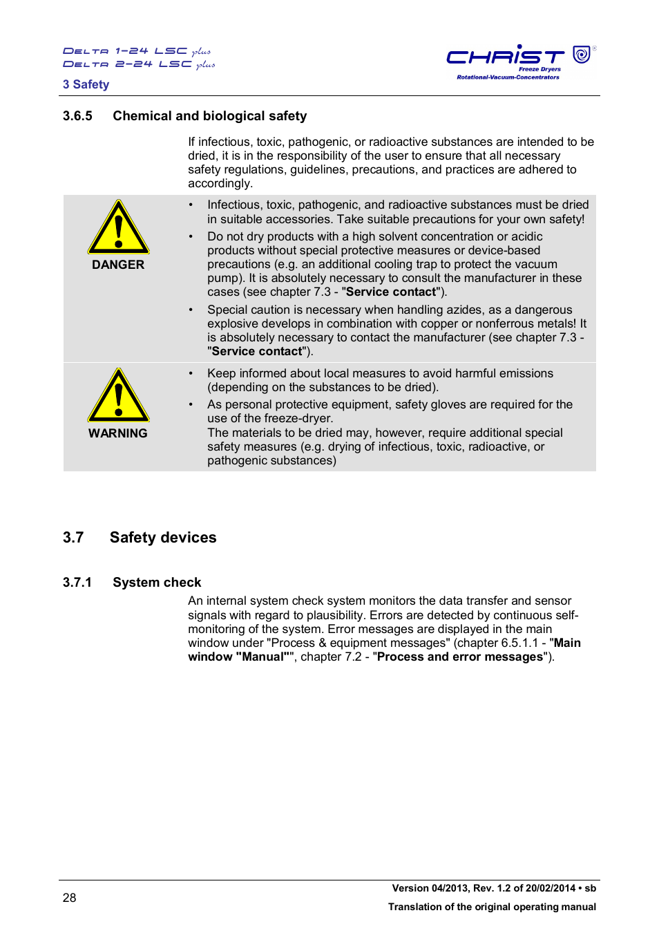 7 safety devices, 5 chemical and biological safety, 1 system check | Martin Christ Delta 2-24 LSCplus User Manual | Page 28 / 127