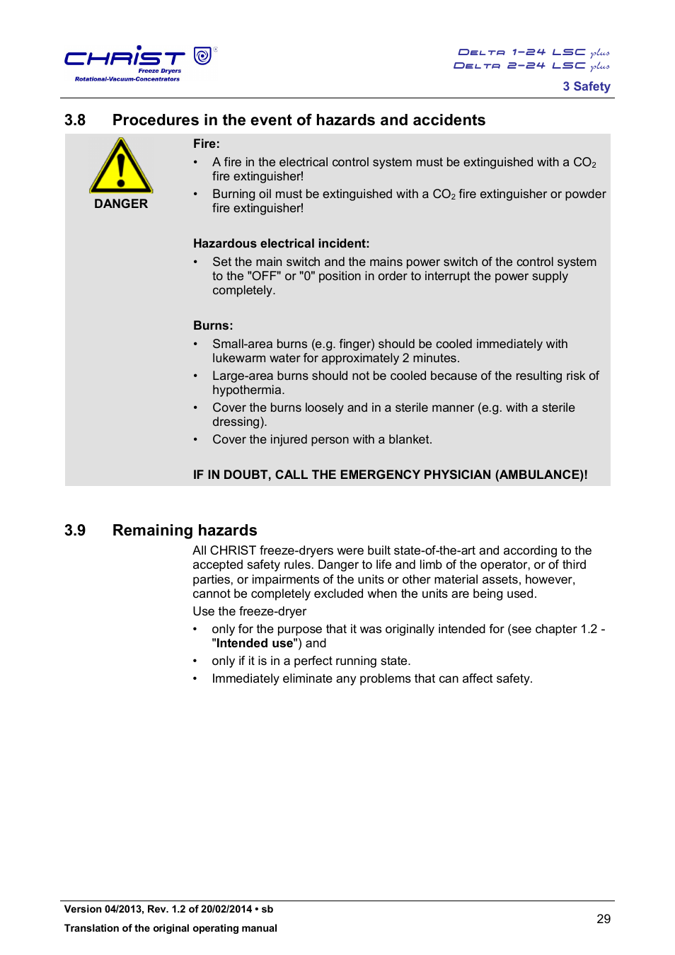 8 procedures in the event of hazards and accidents, 9 remaining hazards | Martin Christ Delta 2-24 LSCplus User Manual | Page 29 / 127