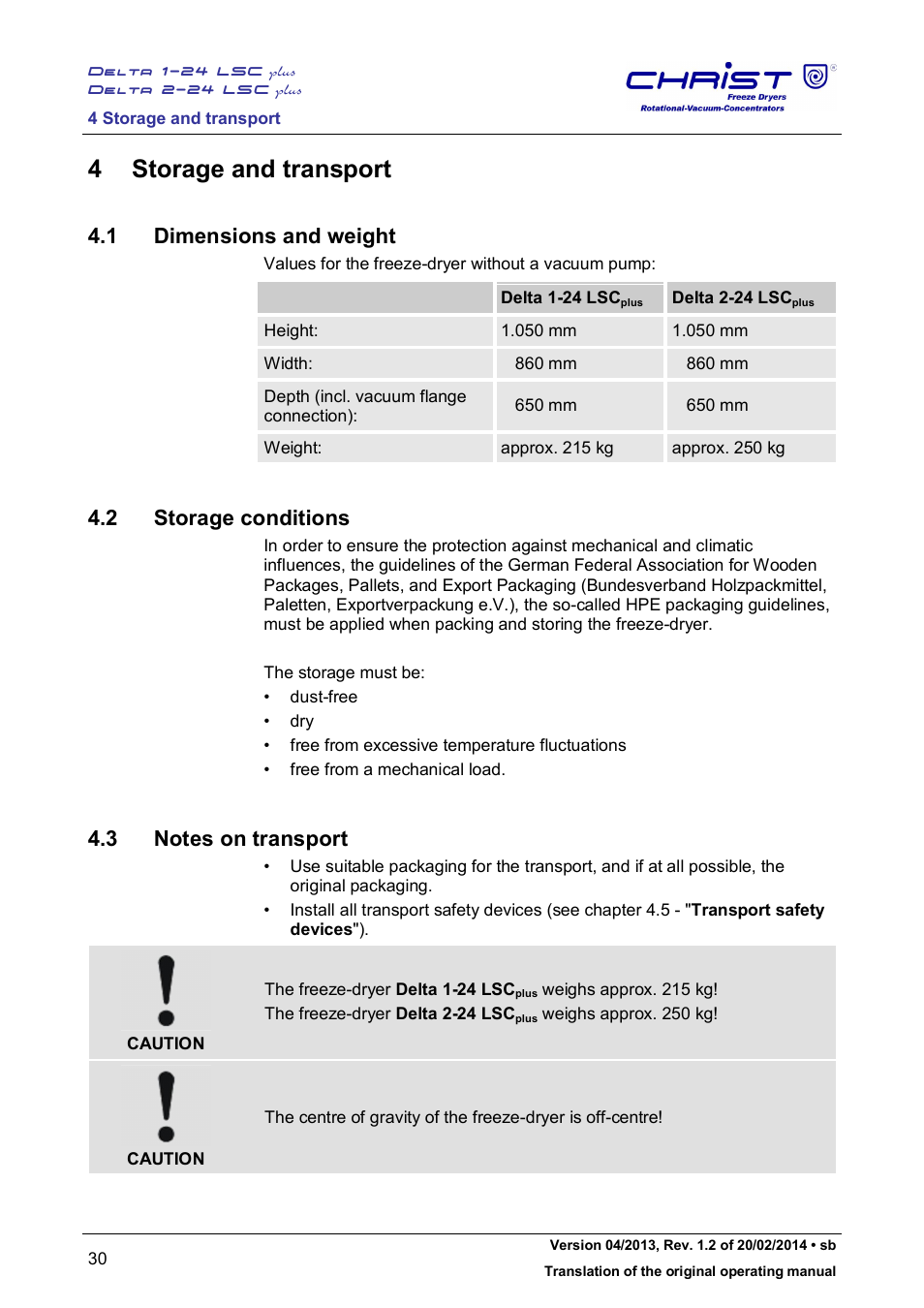 4 storage and transport, 1 dimensions and weight, 2 storage conditions | Martin Christ Delta 2-24 LSCplus User Manual | Page 30 / 127